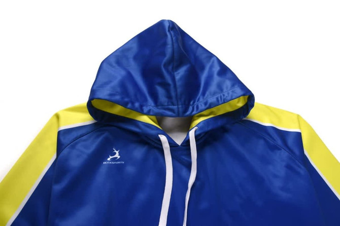 A blue and yellow custom soccer hoodie featuring a kangaroo logo and a hood.