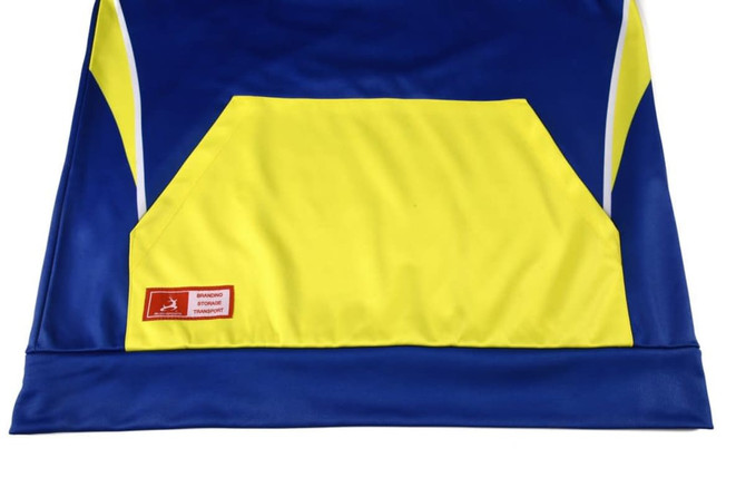 A blue and yellow kangaroo hoodie featuring a large front pocket and a logo.