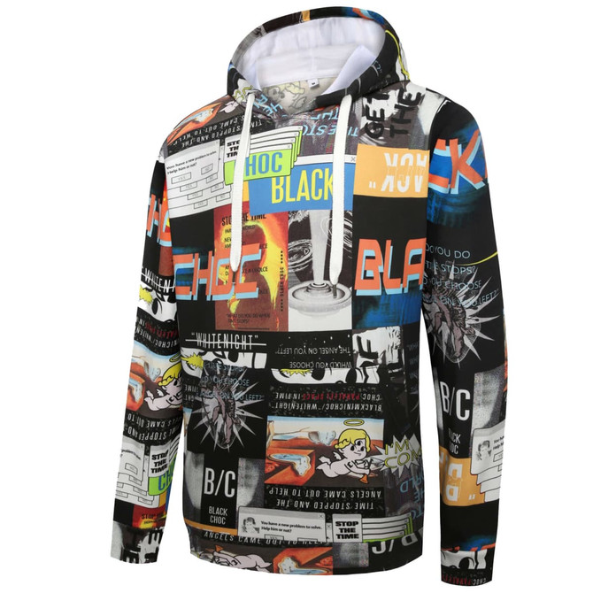 A vibrant black hoodie featuring a collage of graphics and patterns, complete with a hood and drawstrings.