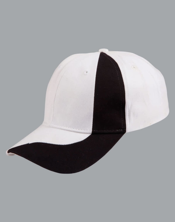 A baseball cap featuring a white and black design, with a logo on the front.