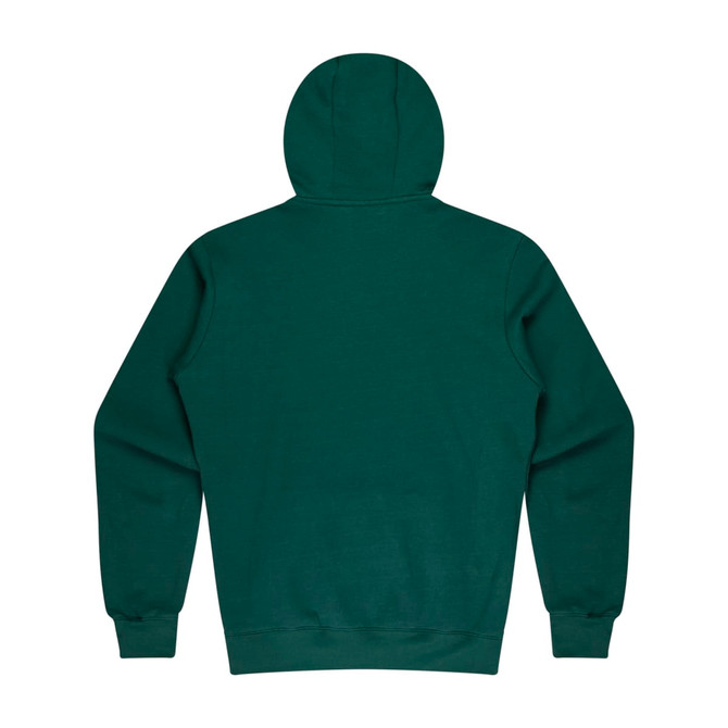 A green hoodie featuring a hood and long sleeves, with a plain back design and a logo.
