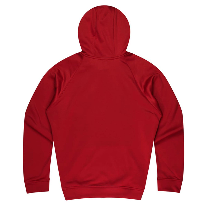 A red hoodie with a simple design, featuring a hood and long sleeves. The back is plain without any embellishments.