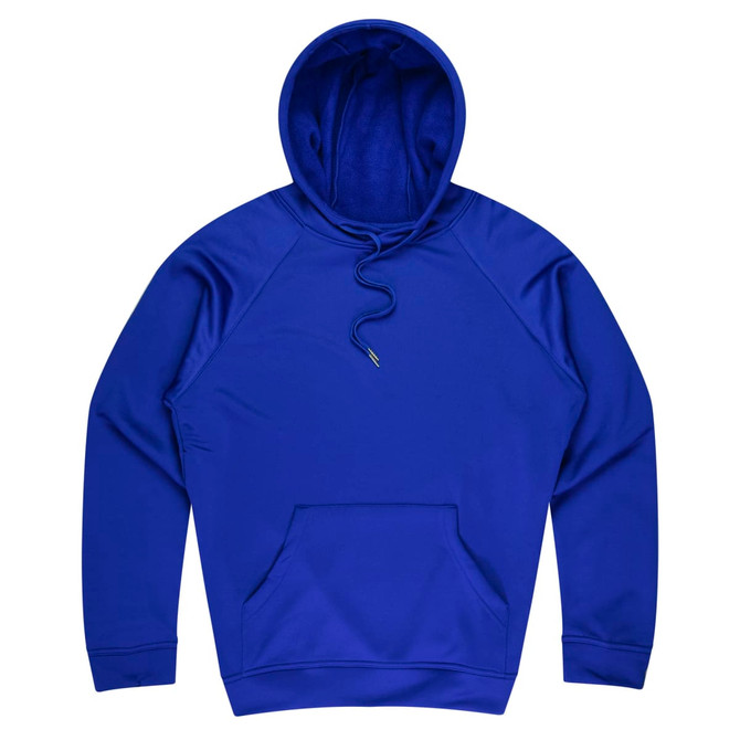 A bright blue hoodie with a front pocket and an adjustable drawstring hood. It features a logo on the chest.