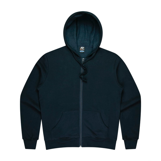 A navy blue zip-up men's hoodie with a front pocket and a hood, featuring a logo on the inside.