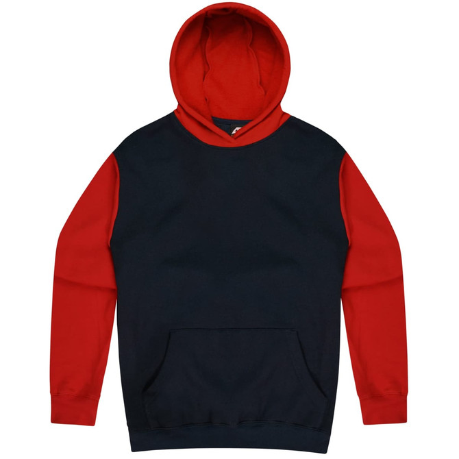 A navy and red hoodie featuring a front pocket and a hood, with a logo on the chest area.