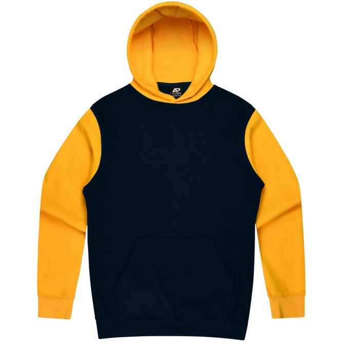 A navy and yellow hoodie with a front pocket and a hood. It features a logo on the inside of the neck.