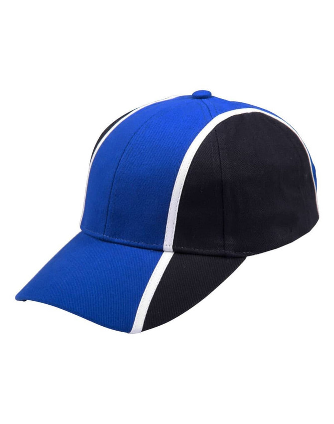 A tri-colour baseball cap featuring blue, black, and white sections, with a curved brim and a logo.