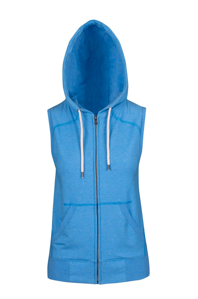 A sleeveless zip hoodie in light blue, featuring a hood and front pockets, with a logo on the front.