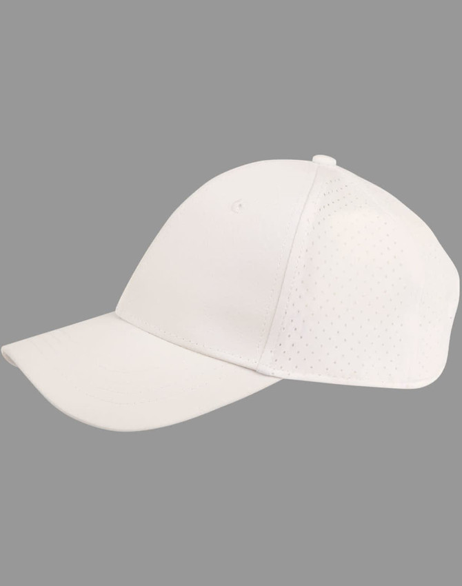 A white 4-way stretch cap with laser cut detailing and a logo. Features a curved brim and breathable design.
