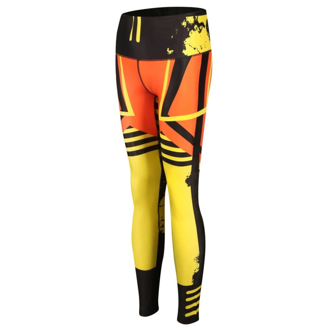 A pair of full custom made leggings in vibrant orange, yellow, and black with a bold graphic design.