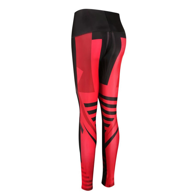 A pair of red and black jogger leggings featuring a bold, sublimated design, with a high waistband and a branded logo.