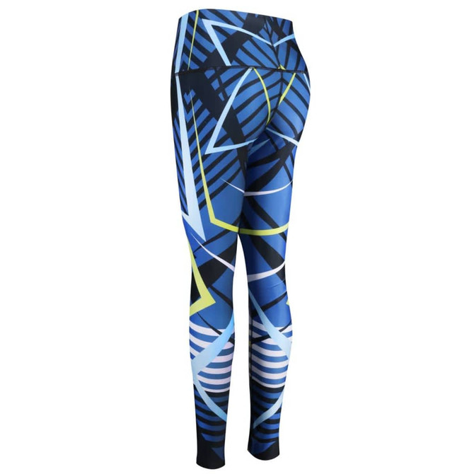 Base layer leggings featuring a vibrant blue design with geometric patterns and a high waistband. Includes branding.
