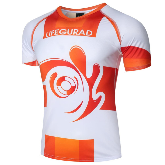 A lifeguard costume shirt in white and orange with a swirl design and a logo.