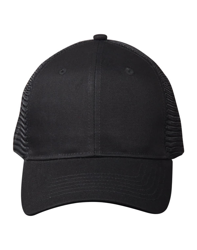 A black premium cotton twill trucker cap with mesh sides and a branded logo.