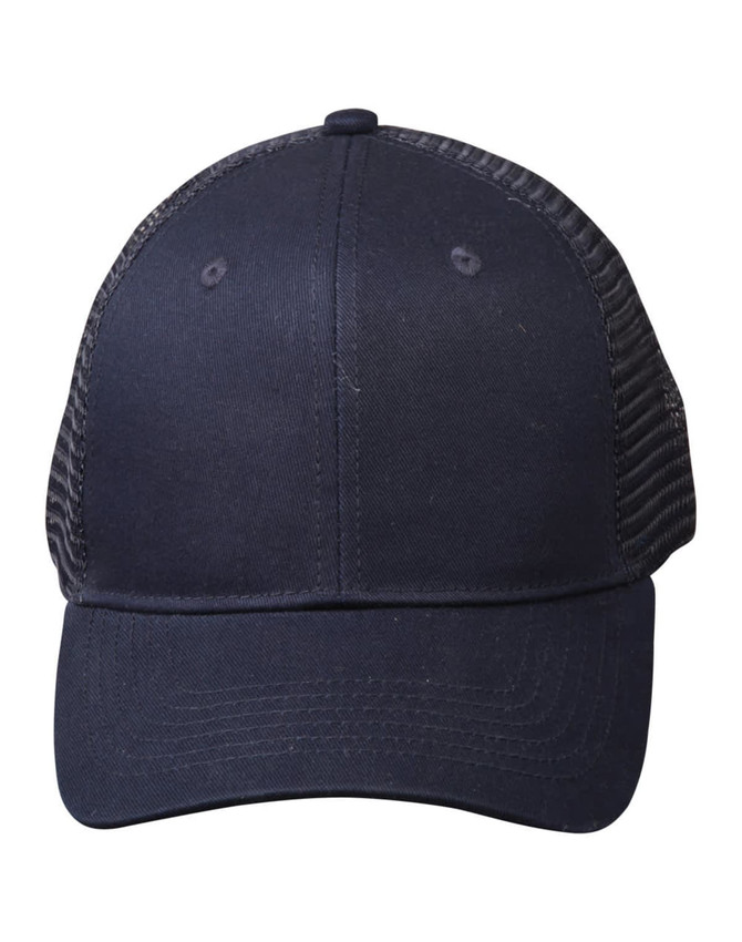 A navy blue cotton twill trucker cap with a mesh back and a logo on the front.