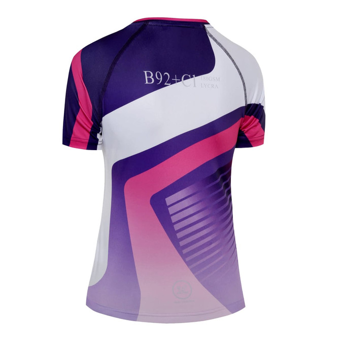 A purple, pink, and white swimming costume featuring a logo, designed for anti-chlorine performance.