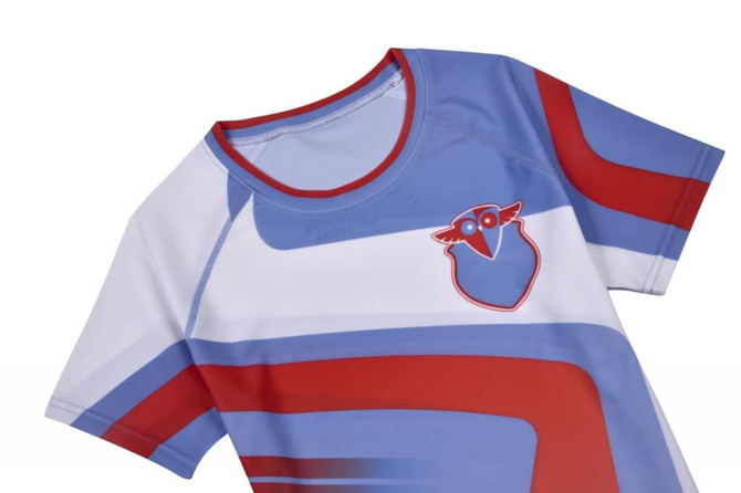 A blue and white swimsuit featuring red stripes and a logo on the chest.