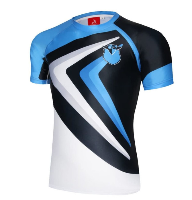 A fitted t-shirt featuring a blue and black design with a logo on the chest.