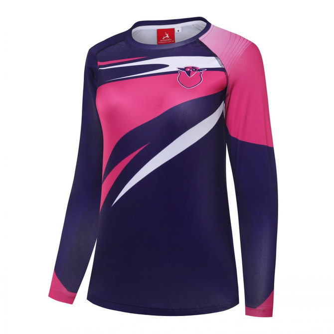 A long-sleeved bathing suit in navy, pink, and white with a logo on the chest.