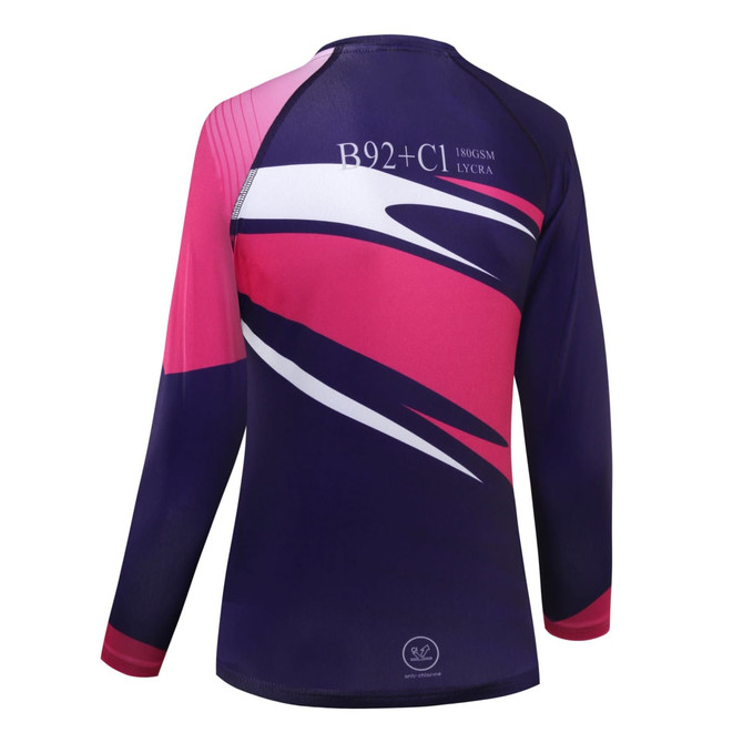 A long-sleeved bathing suit in navy, pink, and white with a logo on the back.