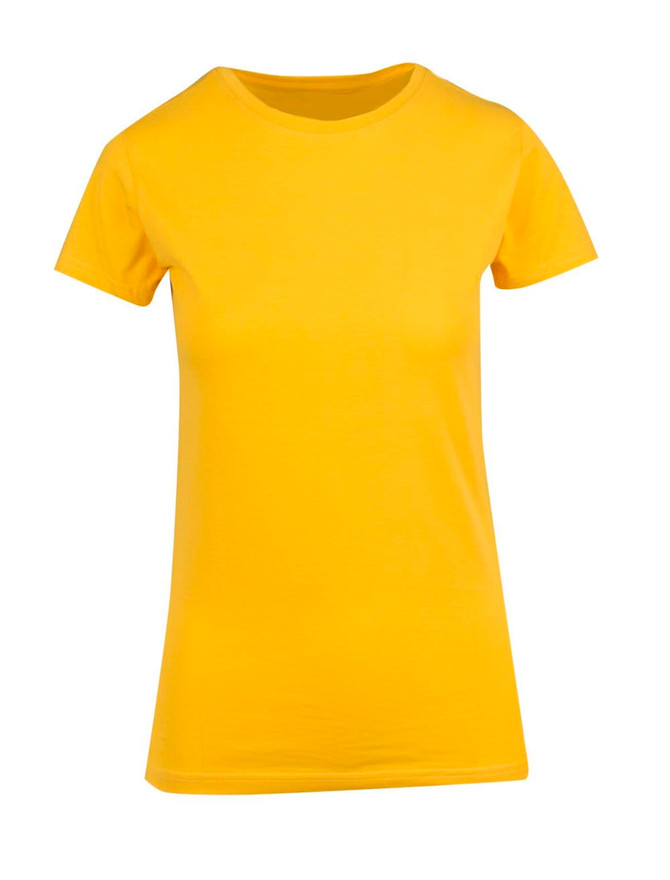 A yellow women's modern fit T-shirt with short sleeves and a fitted silhouette. The shirt has a simple design and a logo.