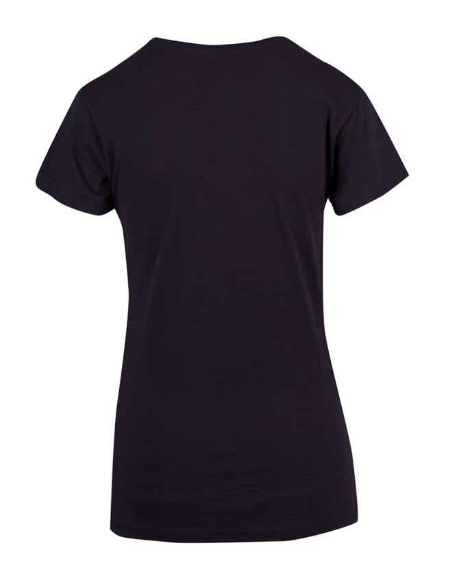 A black women's modern fit T-shirt with short sleeves and a simple design. Features a logo on the back.