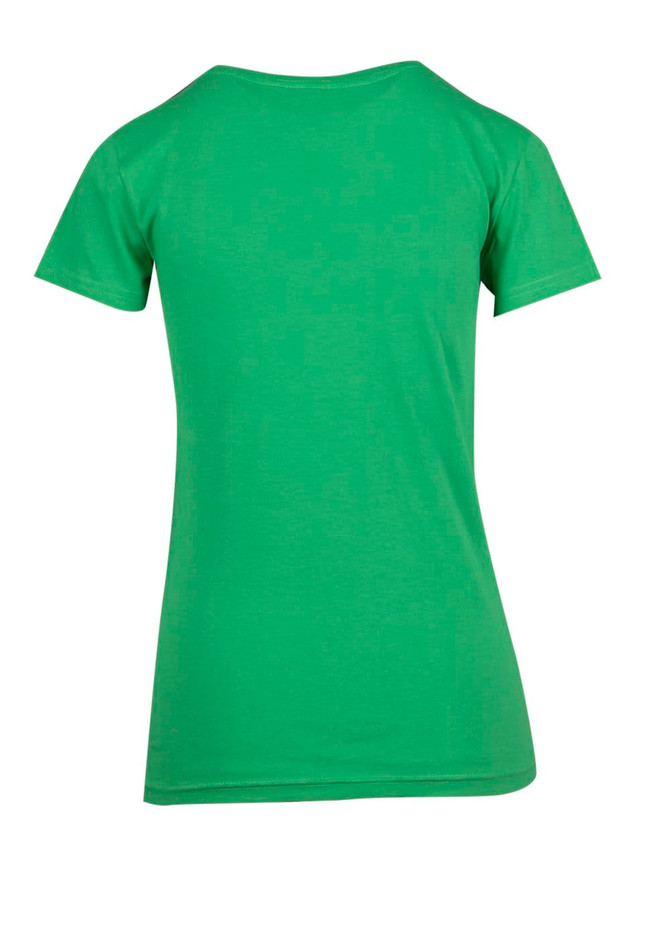 A green women's modern fit T-shirt featuring a standard back design and short sleeves. It has a logo.