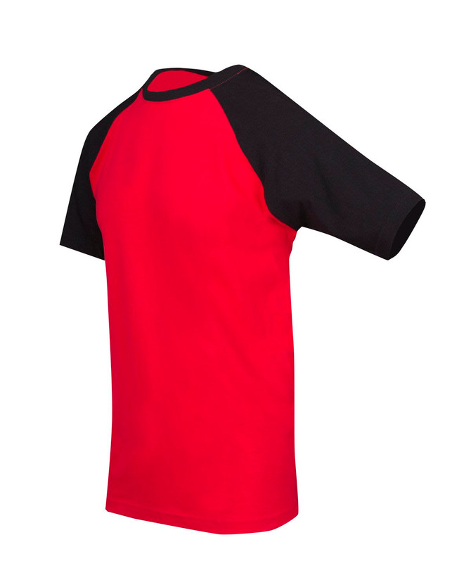 A red and black unisex raglan sleeve tee with a rounded neckline and short sleeves, featuring a logo.