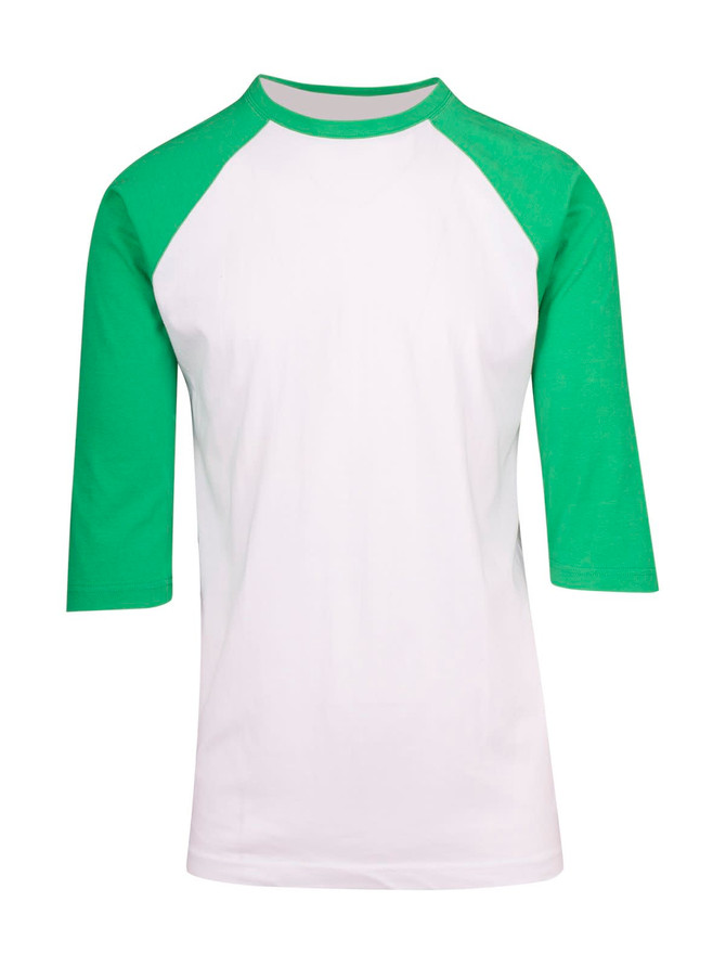 A 3/4 sleeve raglan T-shirt featuring a white body and green sleeves. The shirt has a logo on the front.