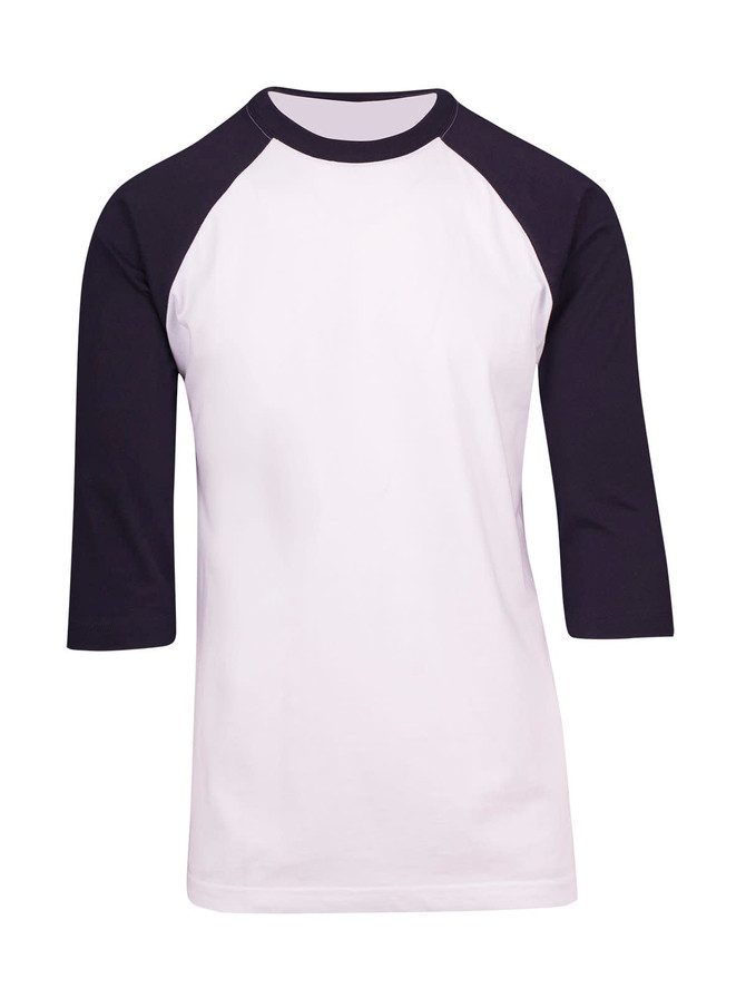 Men's/unisex 3/4 sleeve raglan T-shirt featuring white body and navy blue sleeves. Includes a logo.