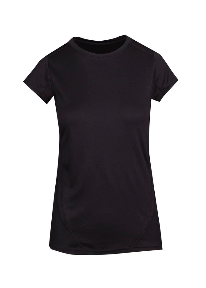 A black Women's Accelerator Cool-Dry T-shirt with short sleeves and a simple design. It features a logo.