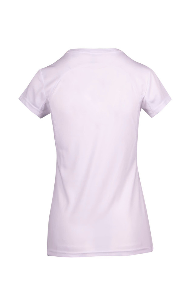A white women's T-shirt featuring a sporty design with short sleeves and a logo.