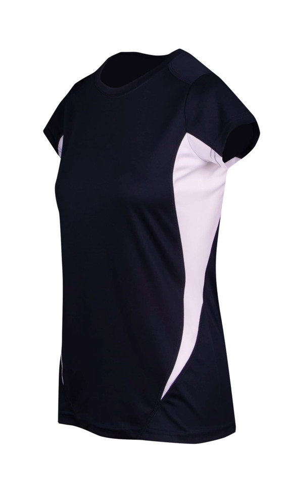 A women's Cool-Dry T-shirt in navy blue with white side panels, featuring a logo. Short sleeves and a fitted design.