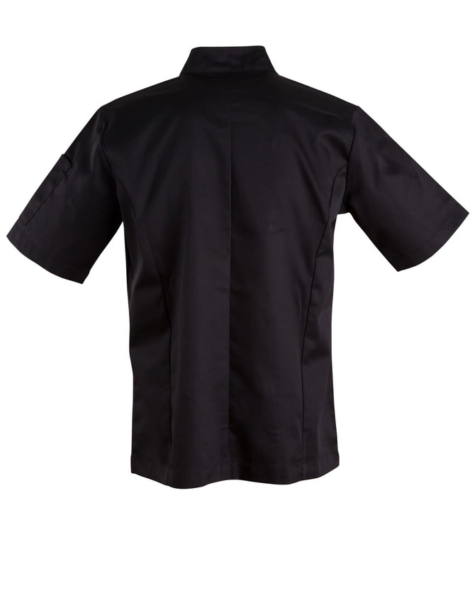 A black short-sleeve chef's jacket with a collar and a logo on the sleeve.