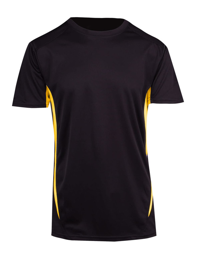 A black and yellow men's T-shirt featuring a logo, designed for cool, dry comfort.