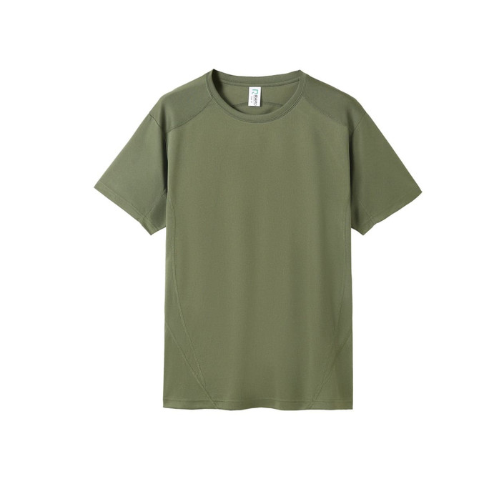 A green men's cool dry T-shirt featuring short sleeves and a simple design with a logo.