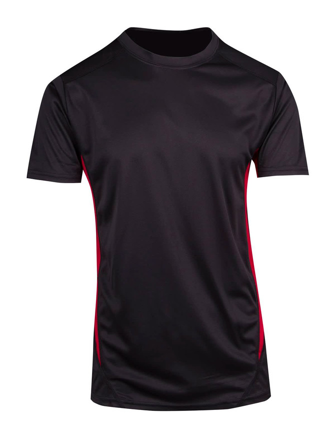 A black T-shirt with red accents, designed for men's athletic wear. Features a logo on the front.
