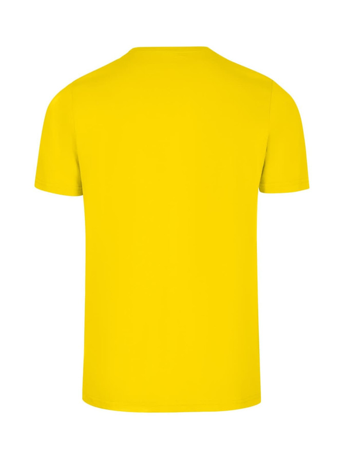 A yellow men's slim fit T-shirt with a round neckline and short sleeves, featuring a small logo on the back.