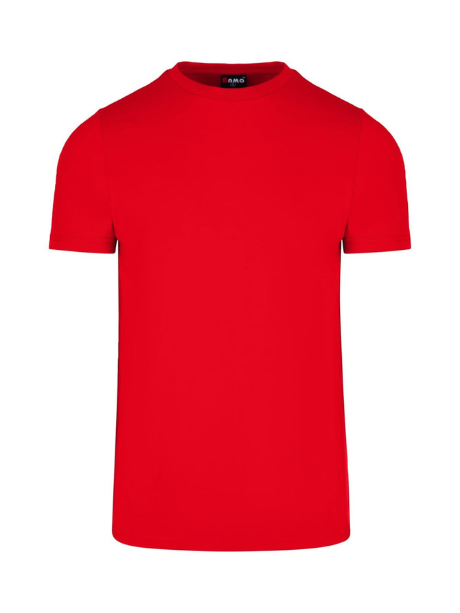 A red men's slim fit T-shirt with a round neckline and short sleeves. It features a visible brand logo.