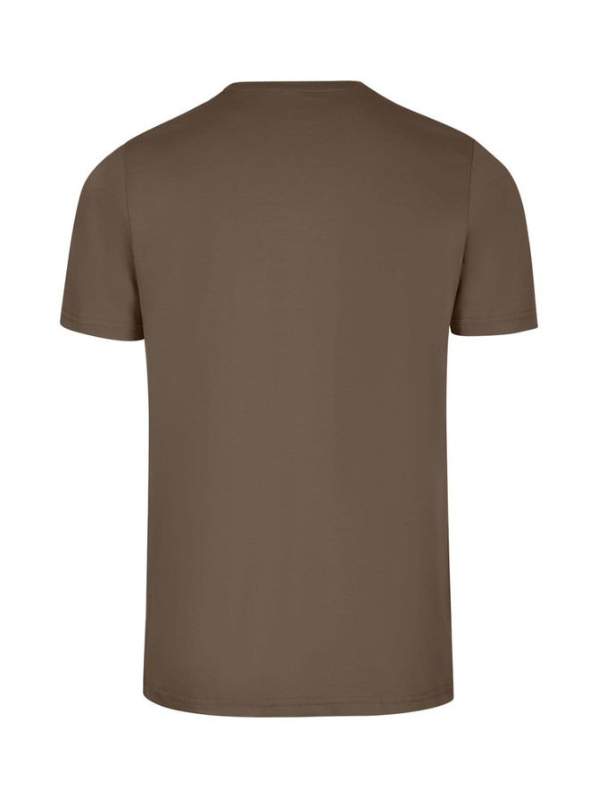 A brown men's slim fit T-shirt featuring short sleeves and a simple design, with a logo on the back.