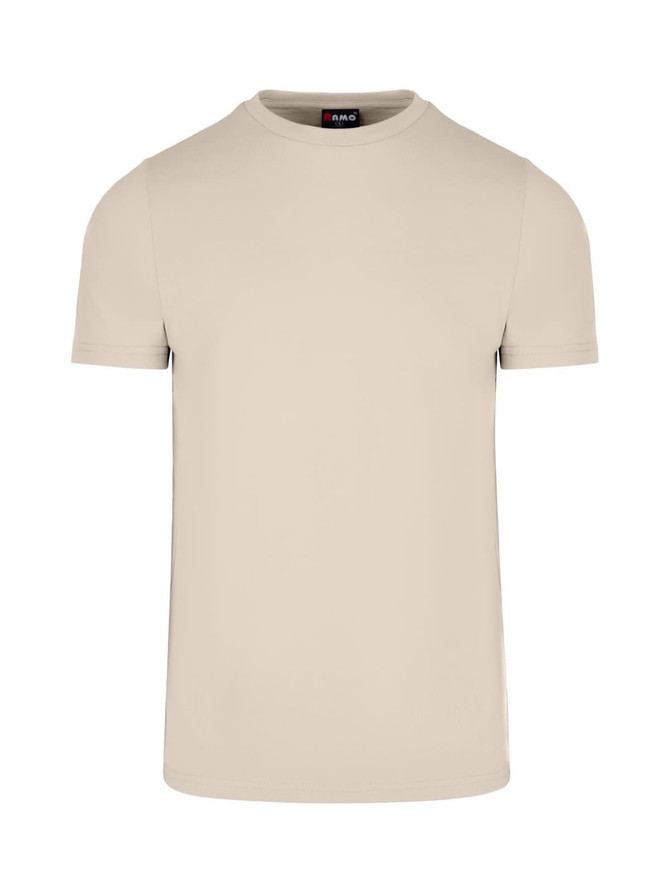 A beige men's slim fit T-shirt featuring a crew neck and short sleeves, with a logo on the collar.