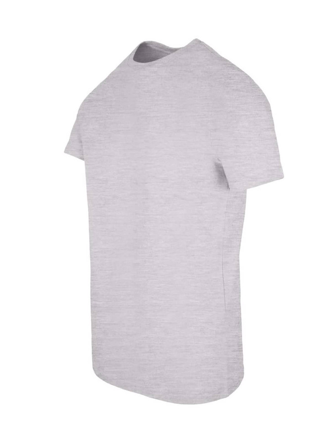 A light grey men's slim fit T-shirt with a round neckline and short sleeves, featuring a logo.