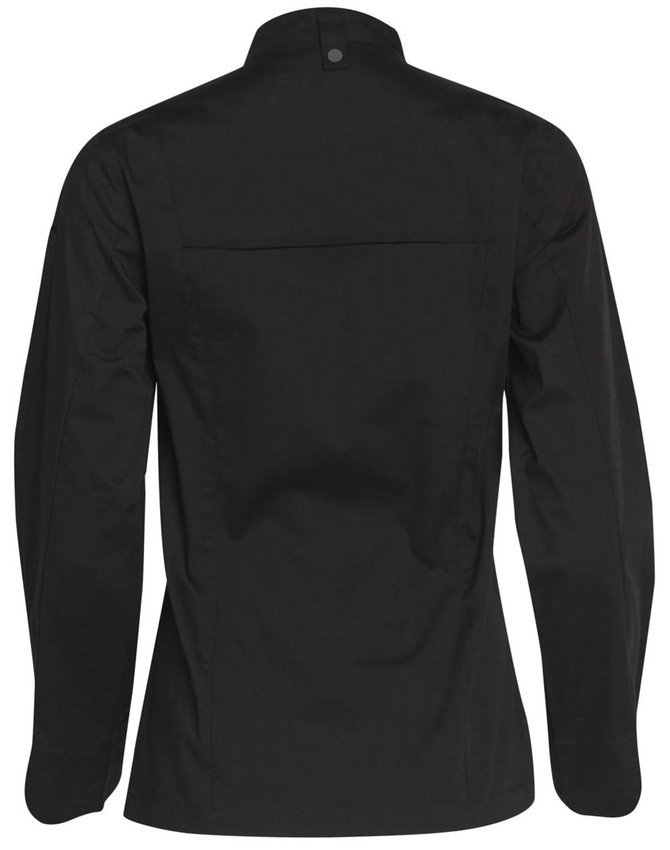 A black ladies' functional chef jacket featuring long sleeves and a button neck closure, with a back pocket and branding.
