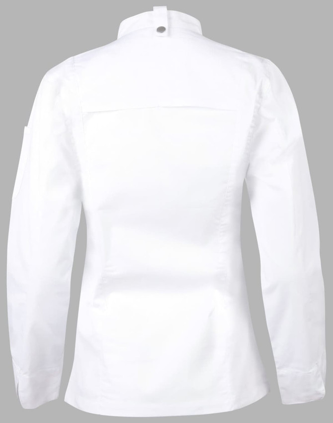 A white chef jacket featuring long sleeves and a button closure at the neck. Includes a branding logo on the sleeve.