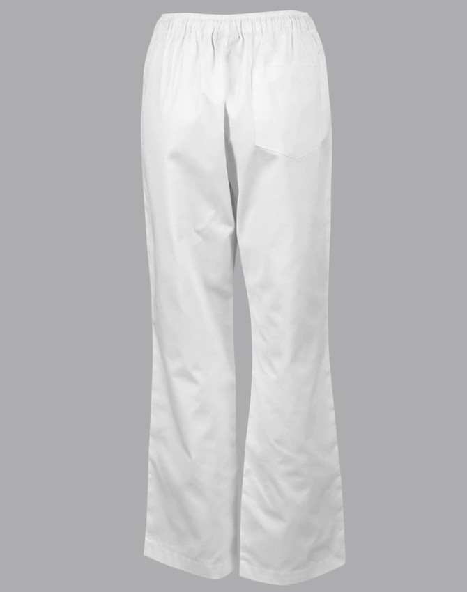 White chef's pants with an elastic waistband and a back pocket. The trousers feature a straight-leg design.