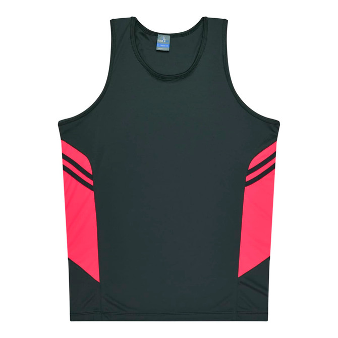 A dark green singlet with pink stripes on the sides and a logo on the neckline.