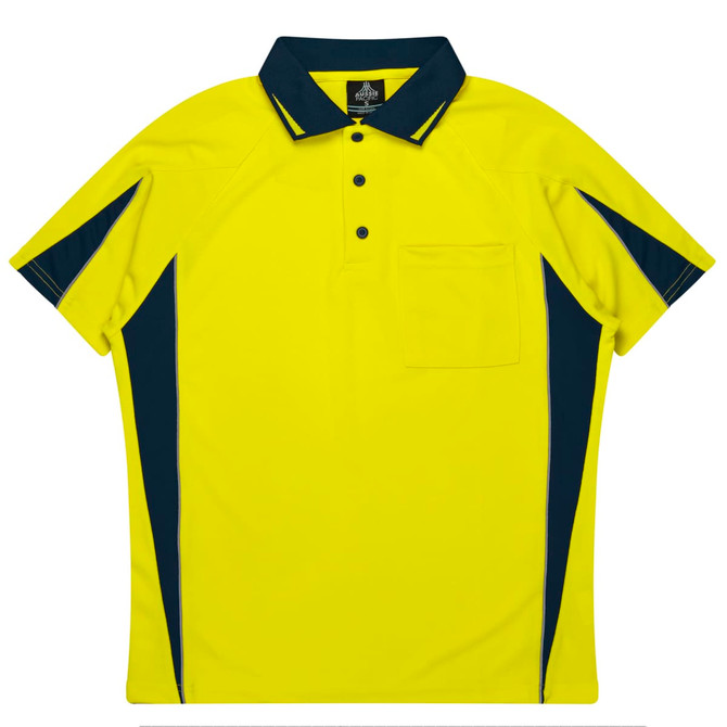 A bright yellow polo shirt featuring navy side panels and a chest pocket, with a logo on the collar.