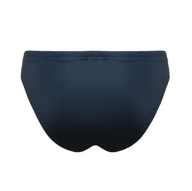 A swimming brief in dark blue, designed to be anti-chlorine, featuring a simple design with a logo.