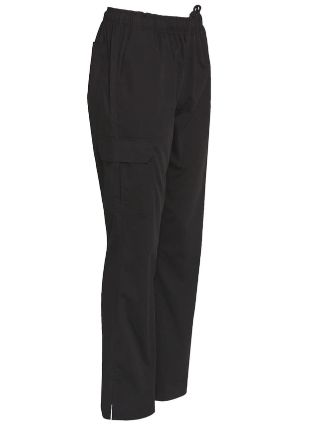 Functional ladies' chef pants in black, featuring an elastic waistband and cargo pockets. Includes a logo.
