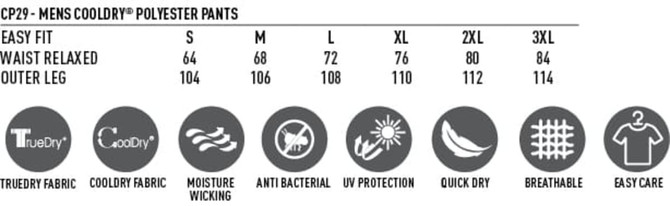 Mens cricket pants in black, featuring a logo, made from cooling polyester fabric with easy care properties.